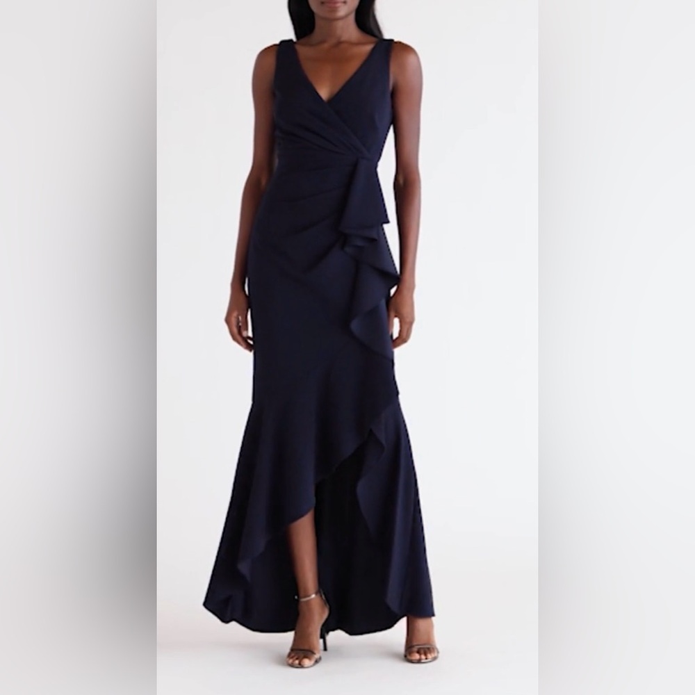 Betsy & Adam Navy V-Neck Cascading Ruffle High-Low Gown Size 10 NWT